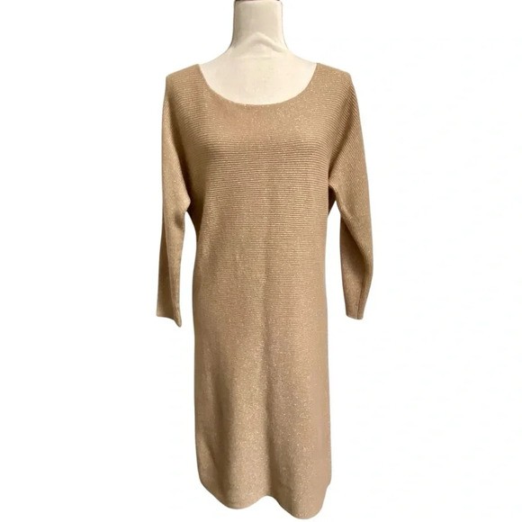 Reiss Gold Metallic Ribbed Knit Midi Sweater Dress Size L | Holiday Party Chic - Picture 1 of 15